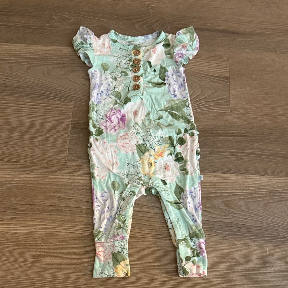 Posh peanut baby girl green floral bamboo short sleeves romper